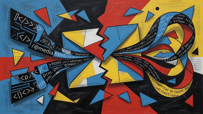 A Picasso-style abstract depiction of a digital envelope splitting into two intertwined, colorful streams—one flowing with sleek, modern code and the other with