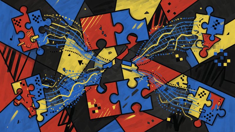 An abstract artwork in the style of Picasso, featuring intertwined puzzle pieces, flowing digital minds, and vibrant split-face motifs, symbolizing the automate