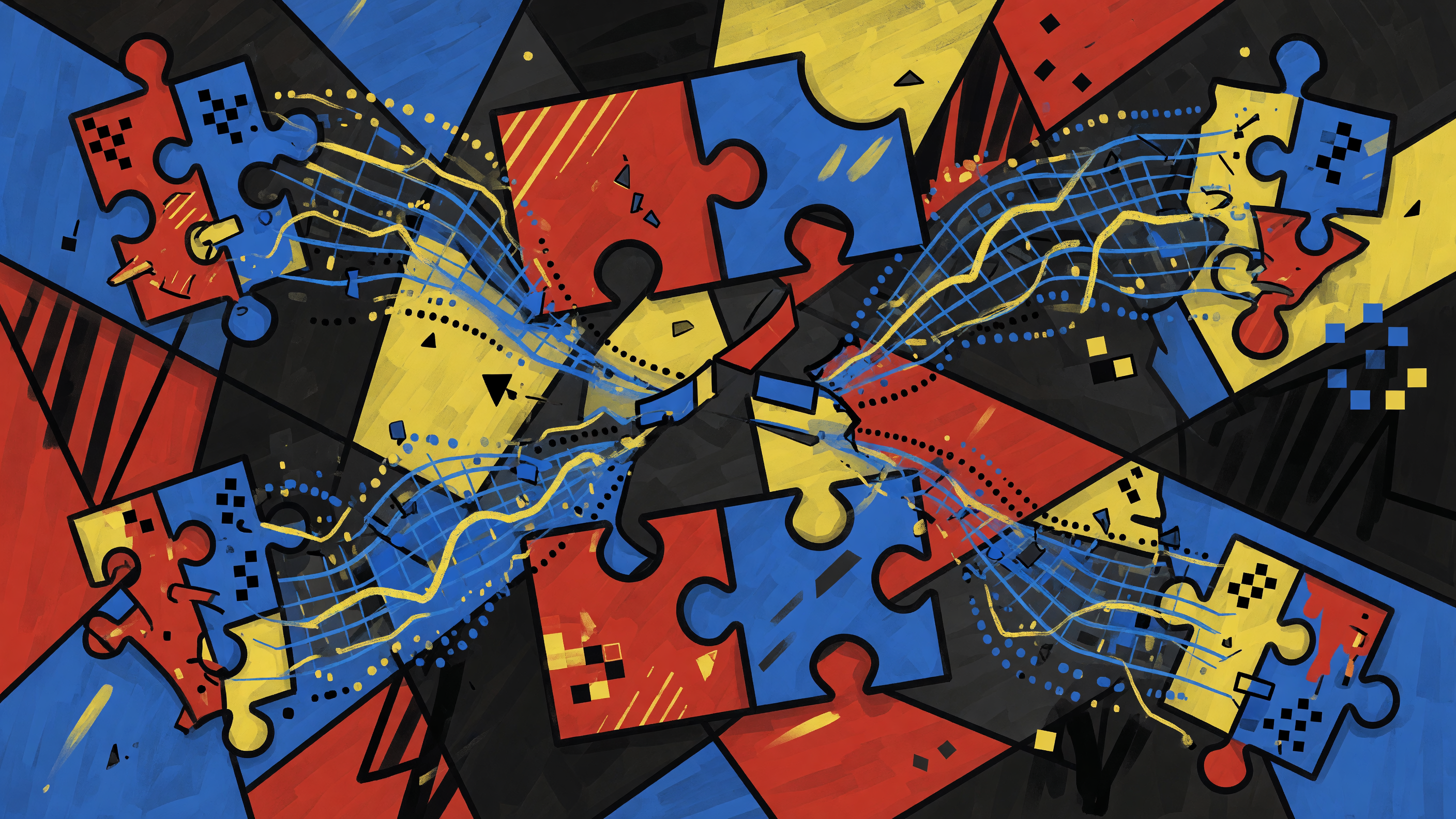 An abstract artwork in the style of Picasso, featuring intertwined puzzle pieces, flowing digital minds, and vibrant split-face motifs, symbolizing the automate
