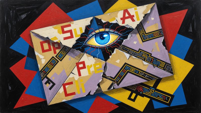 A Picasso-style abstract painting portraying a fragmented envelope with angular text snippets, a glowing eye peering through the fold, and digital circuitry ble