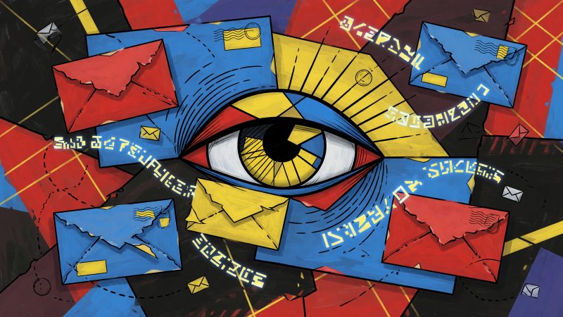 A vibrant, abstract Picasso-style painting featuring fragmented, overlapping envelopes and glowing digital text snippets swirling around a central eye, symboliz