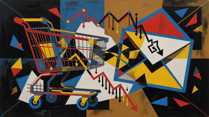 A Picasso-style abstract illustration of a shopping cart transforming into an email envelope with descending price graph lines, symbolizing AI-driven price drop