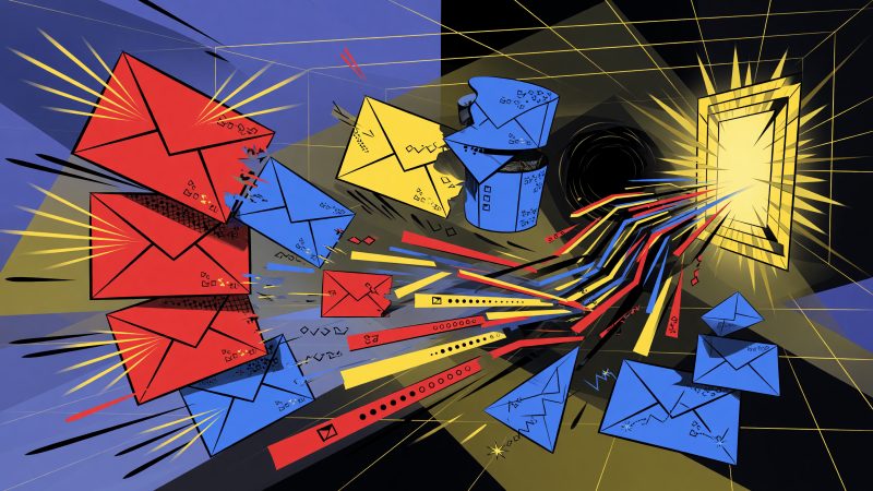 A Picasso-style abstract painting depicting a dynamic email launch sequence, with fragmented, colorful elements representing automated emails, subscriber segmen