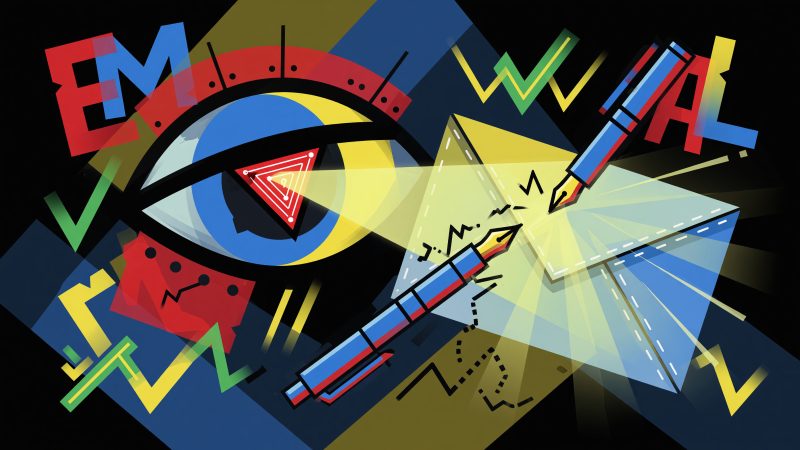 A Picasso-style abstract hero image with a robotic eye and fragmented pen, scanning a glowing email envelope amid cubist typography and colorful, angular gramma