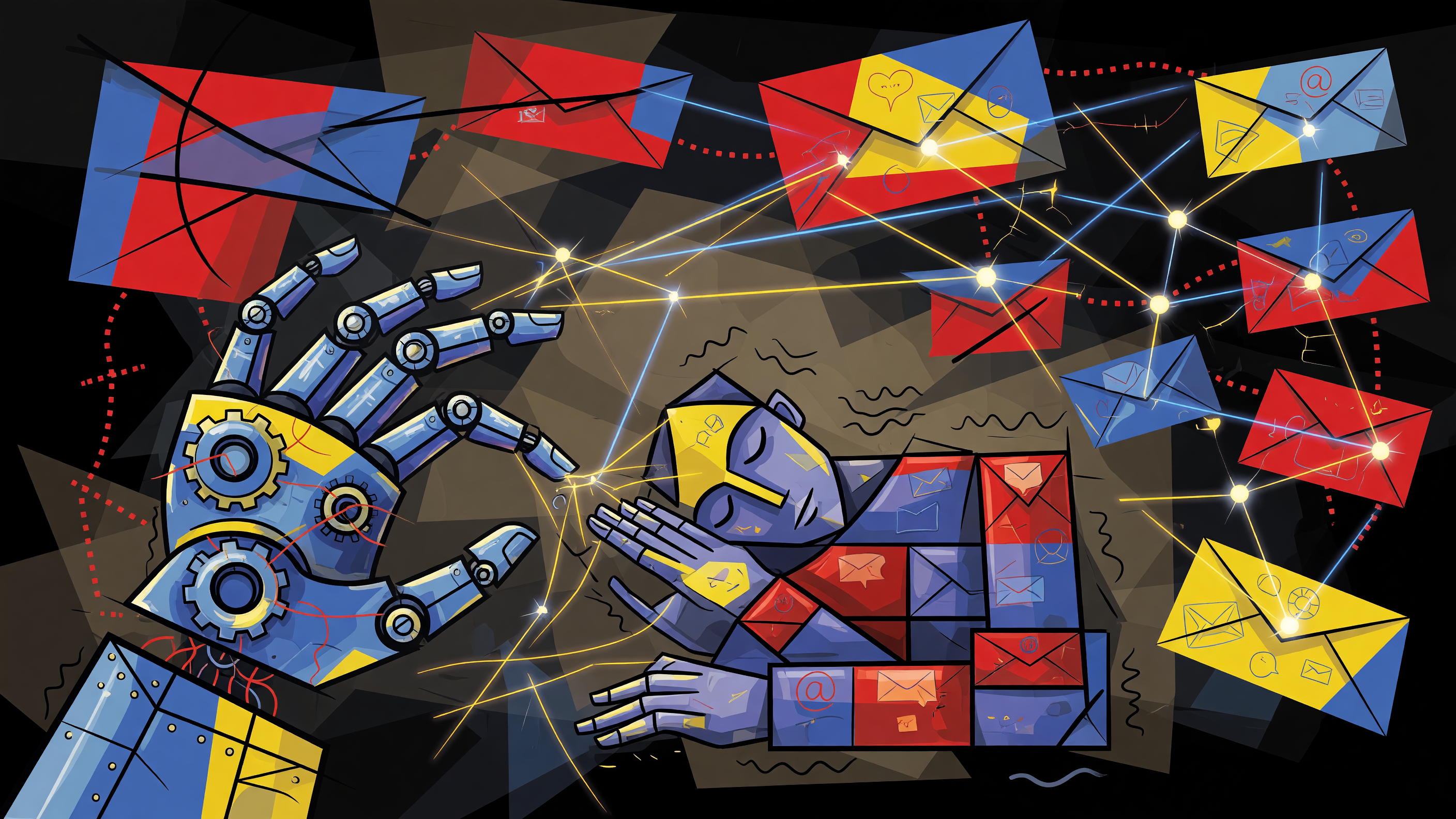 A Picasso-style abstract painting depicting a robotic hand gently reconnecting a sleeping email subscriber to a glowing, vibrant network of personalized message