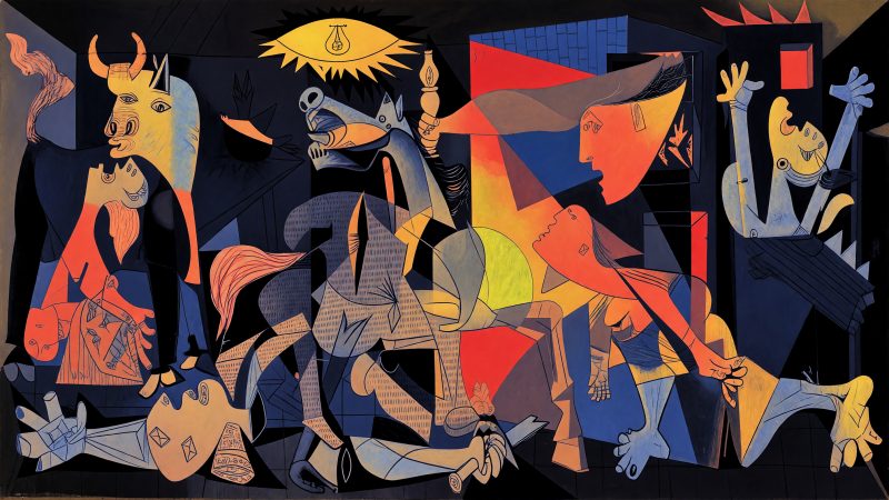 Abstract Picasso-style painting of fragmented email envelopes, human silhouettes, and digital clock gears representing AI-driven re-sending of unopened email ca