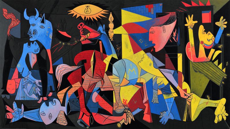 A Picasso-style abstract painting featuring fragmented, geometric customer profiles connected by vibrant, dynamic lines and swirling data streams, with glowing 