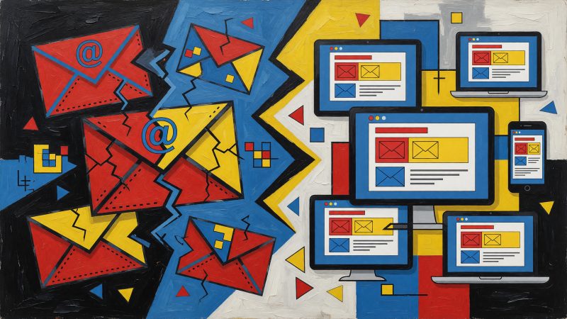 A Picasso-style abstract hero image showing a fractured email icon transforming into a harmonious, multi-screen preview, symbolizing AI's power to unify chaotic