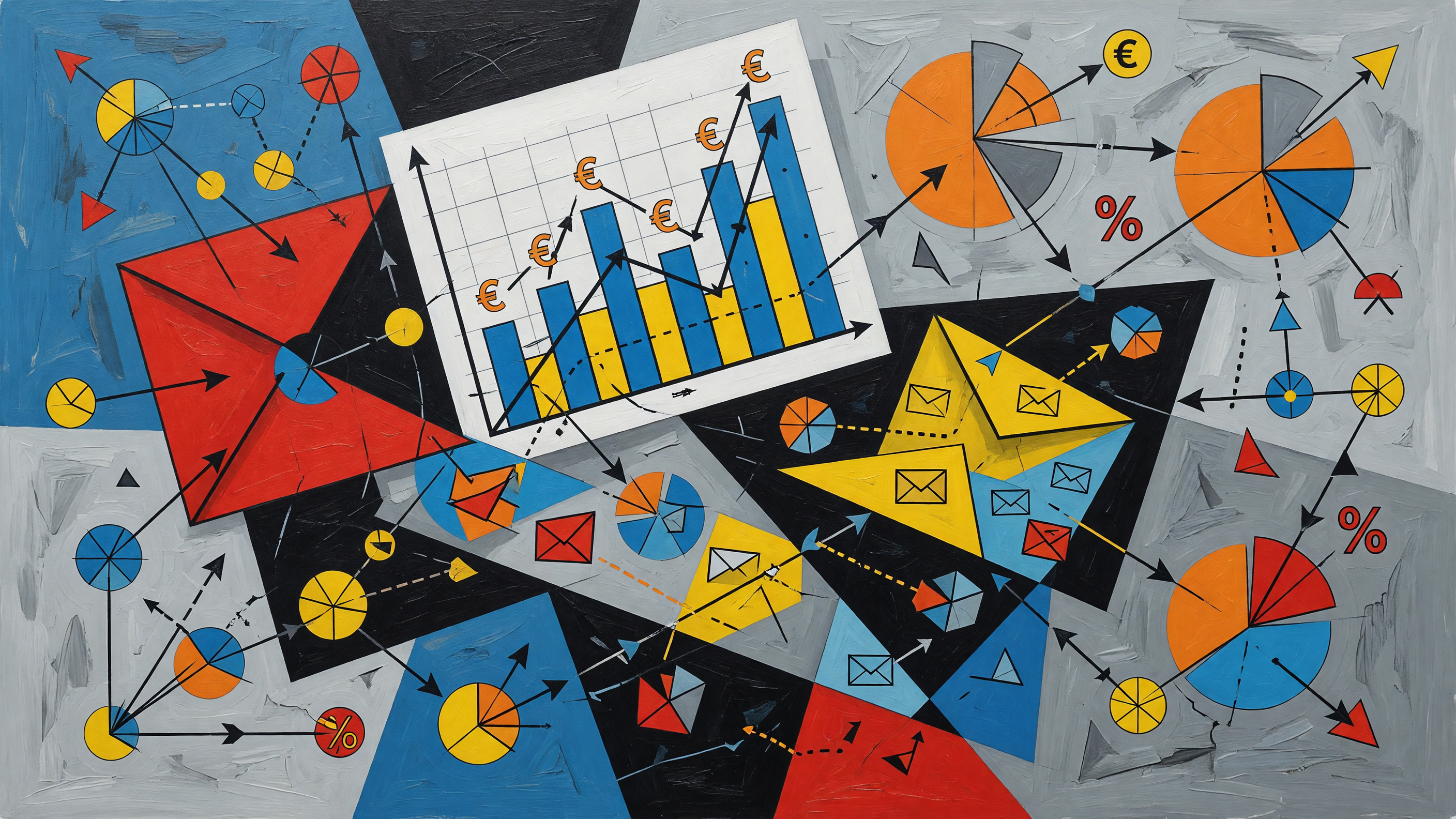 A Picasso-style abstract painting depicting a dynamic email marketing dashboard, with fragmented, geometric graphs, currency symbols, and interconnected nodes r