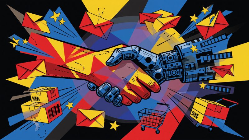 A vibrant Picasso-style abstract painting depicting a futuristic handshake between a human and a robot, with swirling email envelopes, star ratings, and e-comme