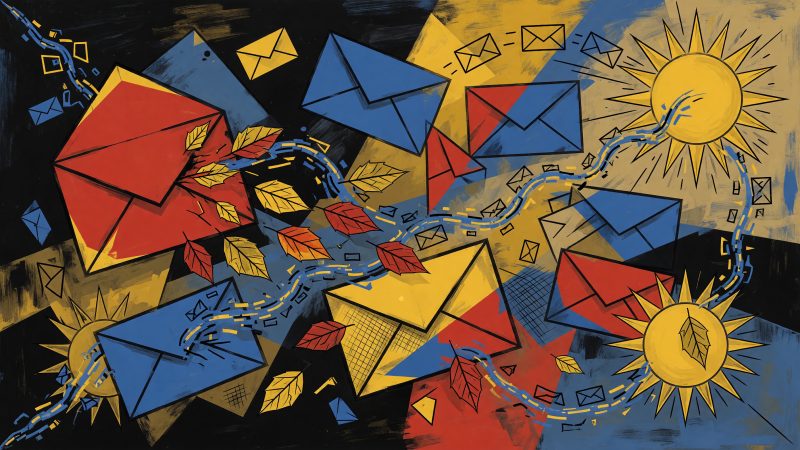 Picasso-style abstract illustration of email envelopes transforming into seasonal symbols like autumn leaves and summer suns, connected by flowing data streams.