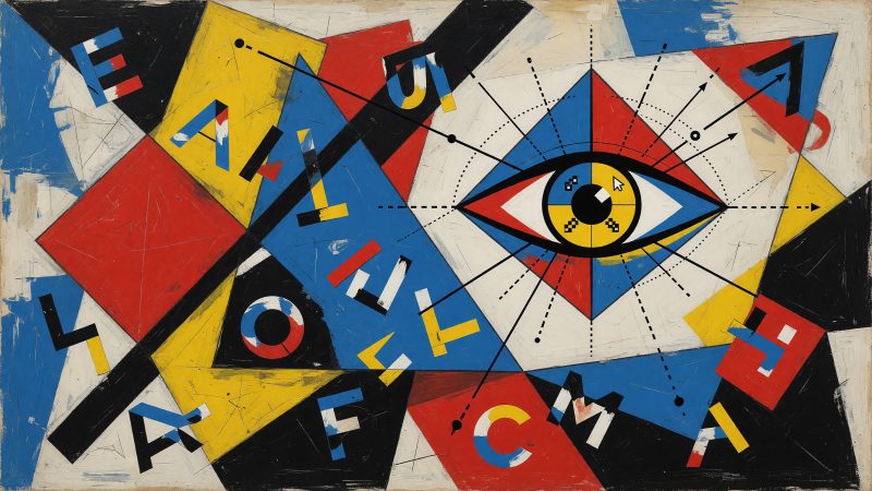 An abstract Picasso-style painting depicting a stylized email sender name optimization featuring fragmented letterforms, vibrant overlapping colors, and a digit