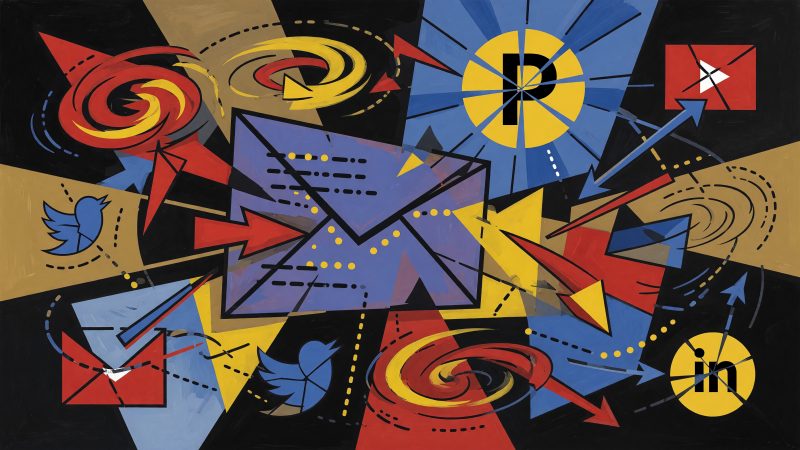 A Picasso-style abstract illustration showing a fragmented email signature with dynamic, swirling CTAs, logos, and social icons, symbolizing AI-driven optimizat
