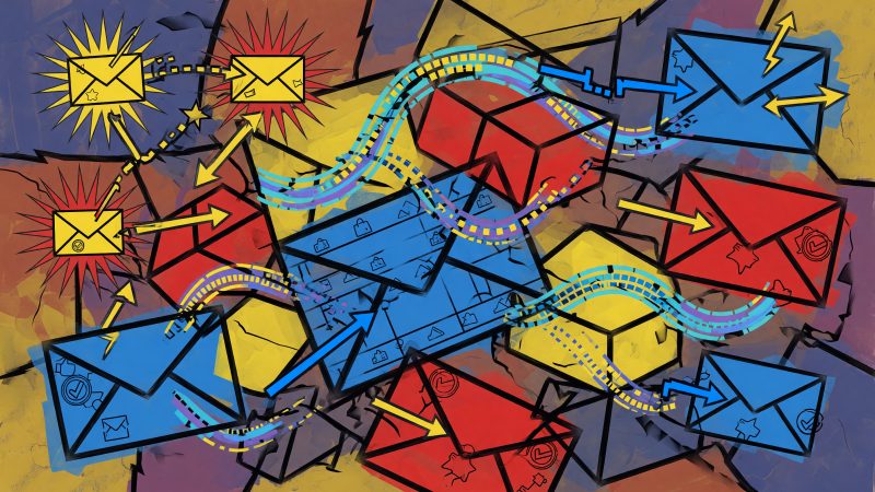 An abstract Picasso-style painting of interconnected digital trust signals flowing through email networks, with vibrant geometric shapes representing customer r