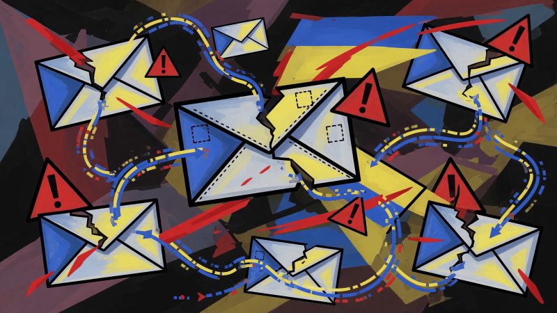 An abstract, fragmented composition of email icons, warning signs, and flowing data streams in bold, distorted shapes and vibrant colors, conveying the predicti