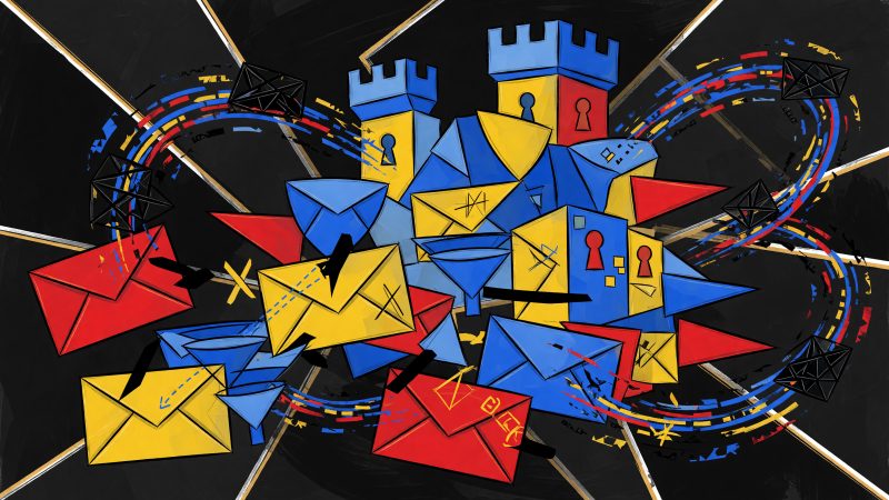 A Picasso-style abstract hero image depicting a digital fortress with fragmented email envelopes, spam filter symbols, and swirling AI data streams in bold, dis