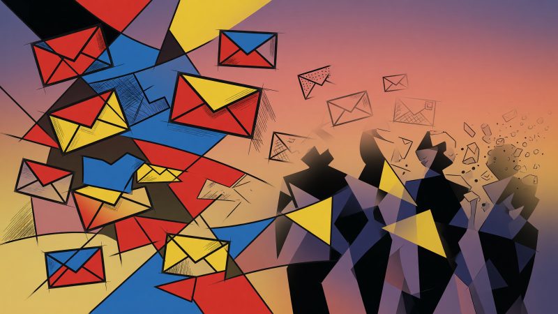 A Picasso-style abstract painting featuring fragmented, geometric email icons and fading human silhouettes, with a soft sunset gradient, symbolizing the gradual