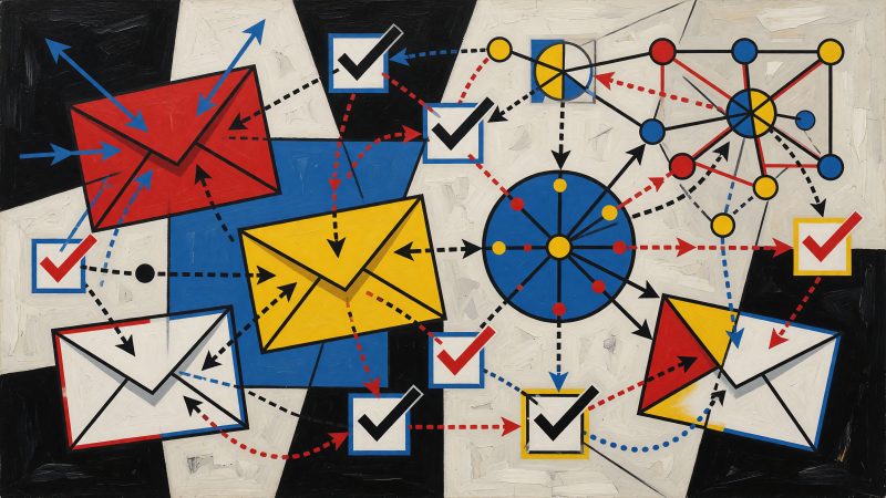 A cubist composition of interconnected email envelopes, survey checkboxes, and neural network nodes, symbolizing the automated flow of subscriber feedback into 