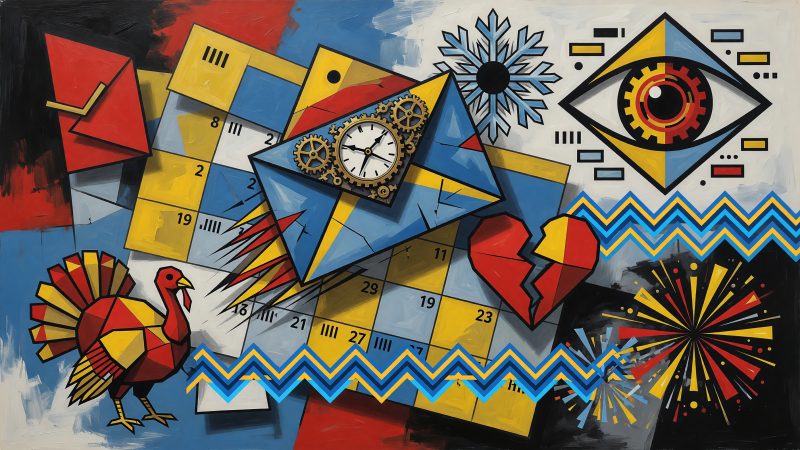 An abstract Picasso-style painting of a clockwork envelope soaring through a surreal calendar, surrounded by vibrant holiday icons—a turkey, a heart, a snowflak