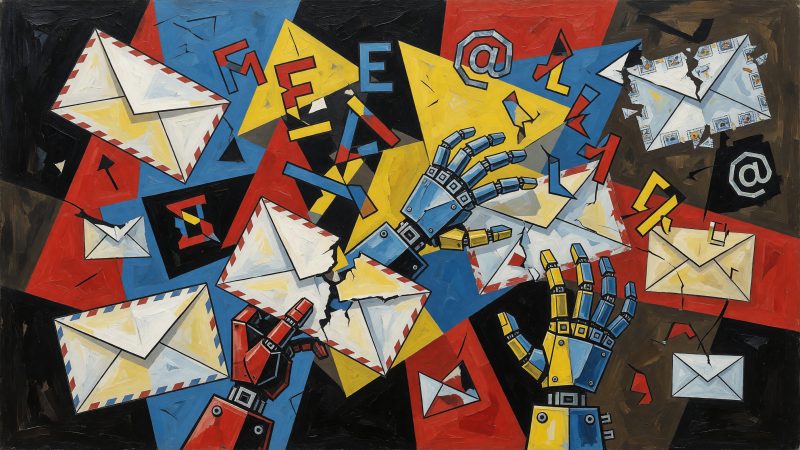 An abstract Picasso-style painting depicting fragmented email envelopes and letters interacting with robotic hands and floating typography symbols, symbolizing 