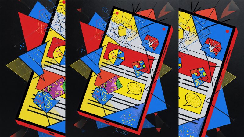 A Picasso-style abstract painting of a smartphone displaying a vibrant email newsletter filled with colorful, fragmented customer photos and social media icons,