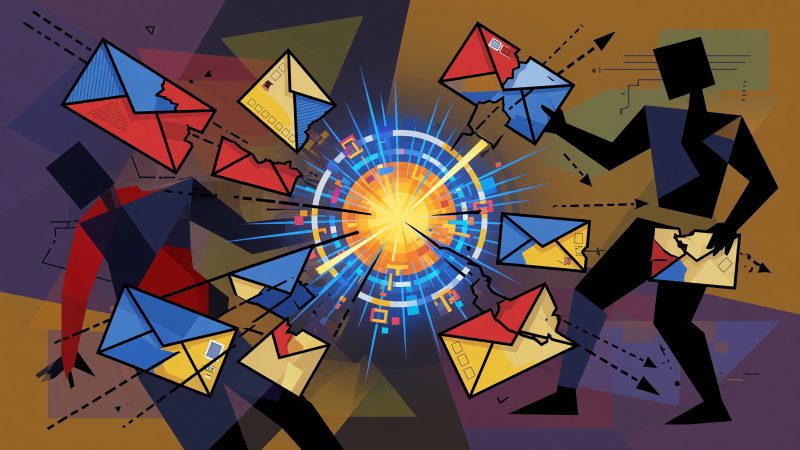 An abstract Picasso-style painting depicting fragmented envelopes and silhouettes pulling away from a glowing digital hub, symbolizing the analysis of subscribe