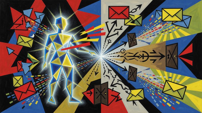 A Picasso-style abstract painting depicting a digital crossroads where a glowing, fragmented figure stands before a branching path of email symbols, some leadin