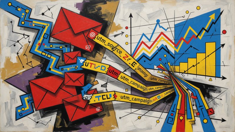 A Picasso-style abstract hero image depicting AI-generated digital pathways and email symbols merging into clean, colorful UTM parameters flowing into an analyt