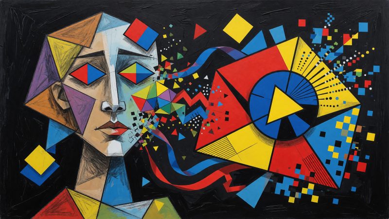 A Picasso-style abstract hero image depicts a person's face dissolving into colorful geometric shapes, with a vibrant email envelope and play button symbol merg