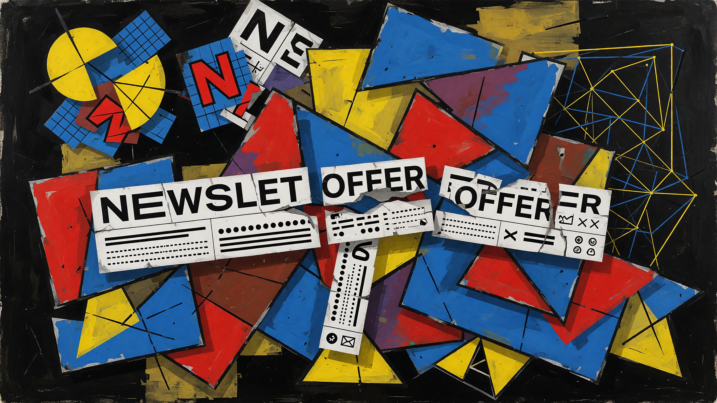 A Picasso-style abstract painting depicting a fractured email newsletter with dislocated logo, clashing colors, and jumbled typography, embodying the disarray o