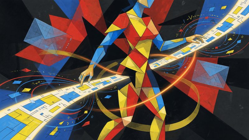 A vibrant, cubist-inspired abstract composition where fragmented, overlapping shapes and warm, flowing curves depict a human figure being gently guided along a 