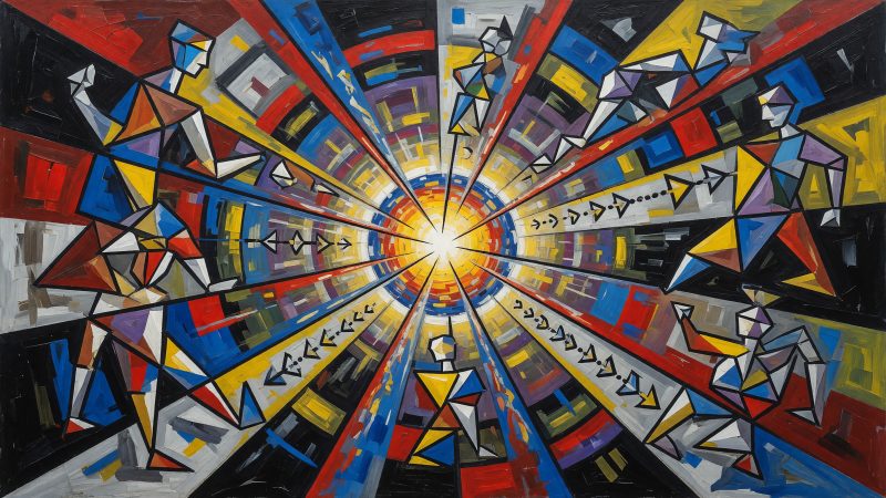 A Picasso-style abstract painting with interconnected, angular figures morphing into vibrant, radiating spokes that emanate from a central glowing orb, symboliz