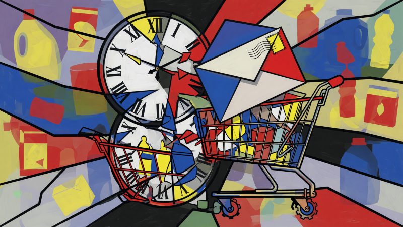 An abstract Picasso-style painting of a fragmented clock face intertwined with a shopping cart and an envelope, set against a backdrop of flowing, colorful prod