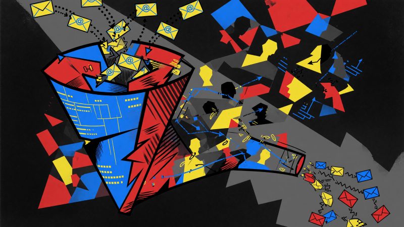 A Picasso-style abstract painting of a digital funnel with flowing email icons and interconnected user silhouettes, symbolizing AI-driven personalized onboardin
