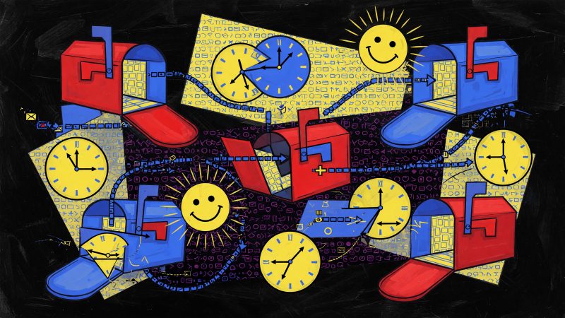 A Picasso-style abstract painting featuring geometric shapes of mailboxes, clocks, and smiling customer faces, intertwined with algorithmic patterns, evoking th
