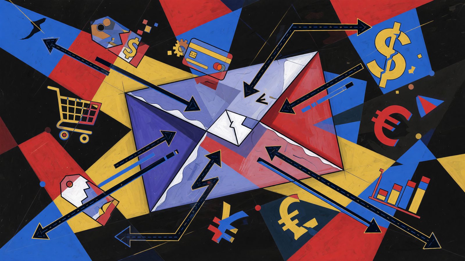 A Picasso-style abstract hero image depicting a stylized email envelope with dynamic, intersecting lines representing AI data flow, surrounded by floating produ