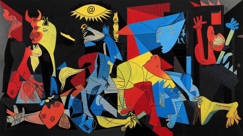 A Picasso-style abstract painting depicting fragmented email symbols, swirling weather icons, and interconnected digital circuits, symbolizing the fusion of AI,