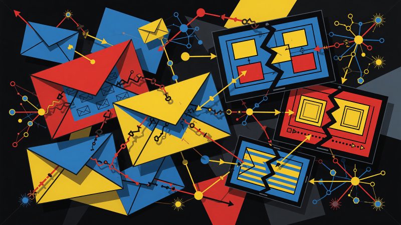 A Picasso-style abstract painting of interconnected email envelopes and webinar screens, with AI neural networks as vibrant, cubist patterns weaving through the