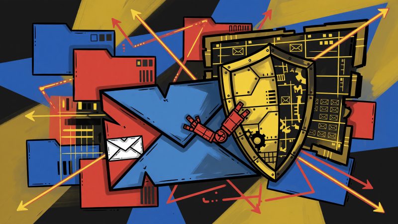 Abstract Picasso-style image of an email symbol protected by a robotic shield, surrounded by vibrant blocks and lines symbolizing AI monitoring and inbox placem