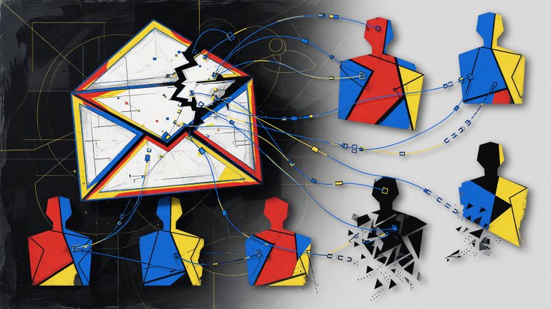 A Picasso-style abstract hero image depicting a fractured email icon with digital threads connecting to subscriber silhouettes, some fading away, symbolizing AI