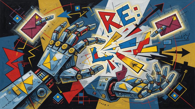 A Picasso-style abstract hero image depicting a robotic hand composing a vibrant, fragmented email subject line with glowing letters and dynamic shapes.