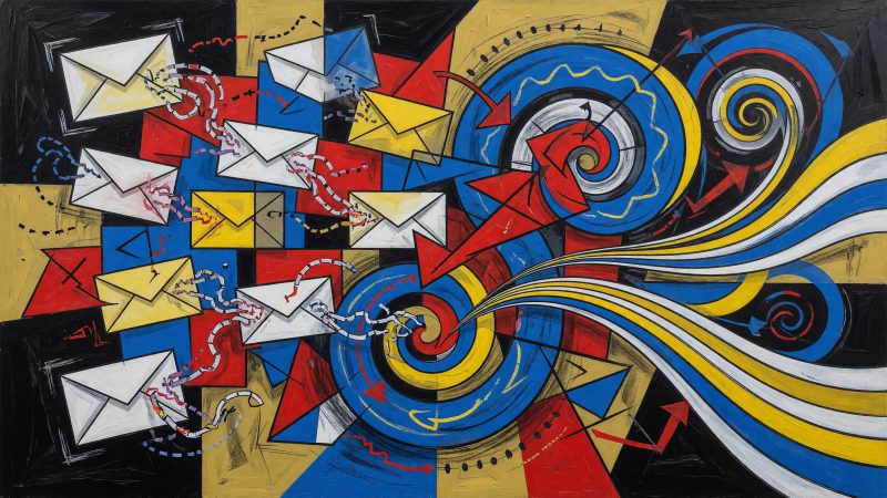 An abstract Picasso-style painting of a digital email list being cleansed by swirling AI algorithms, with invalid addresses morphing into clean, flowing lines.